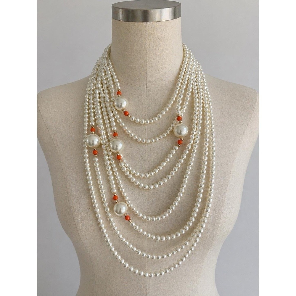 Faux Pearl 8 Strand Tapered Necklace Oversized Pearls & Orange Beads 14-18 inch
